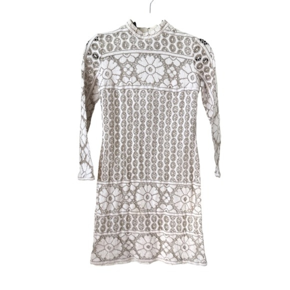 Vintage White Floral Crochet‎ Lace Mock Neck Long Sleeve Shift Dress xxs 60s
